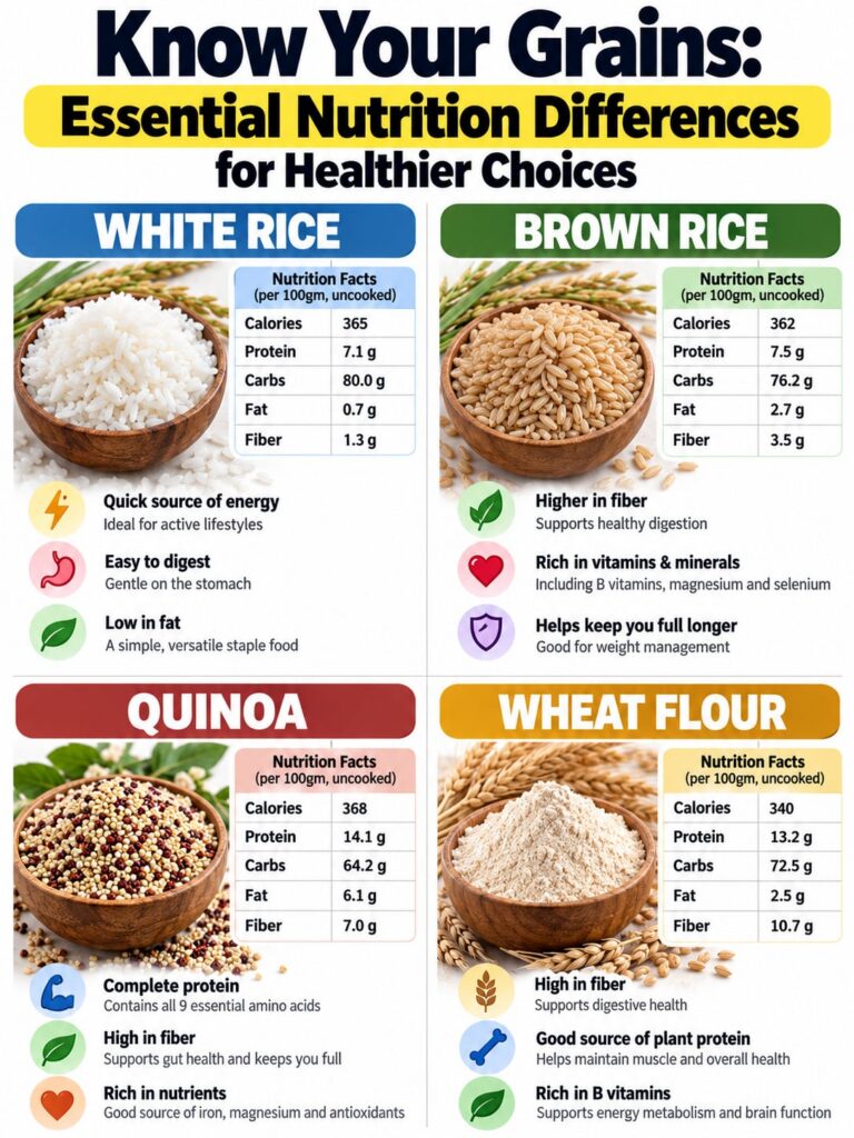 A top-down shot showing four small distinct bowls filled with white rice brown rice quinoa and wheat flour side-by-side 