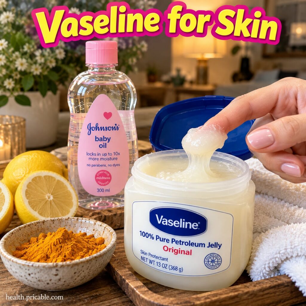 A small glass jar of Vaseline next to a bowl of yellow turmeric powder with a mixing spoon and a few fresh turmeric root