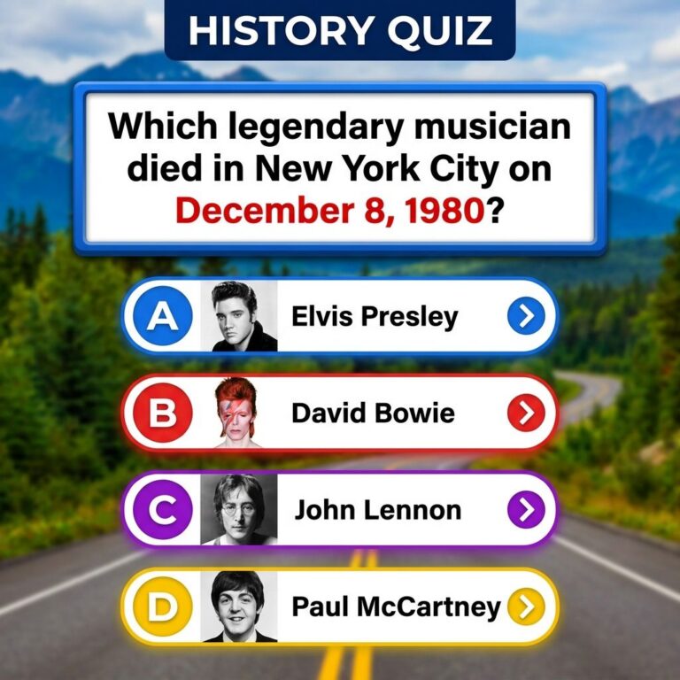 A vertical quiz card for a celebrity trivia question featuring John Lennon with a deep navy background and gold accents 