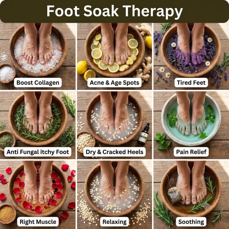 A pair of feet soaking in a warm bubbly foot bath with rose petals and essential oils surrounded by natural ingredients 