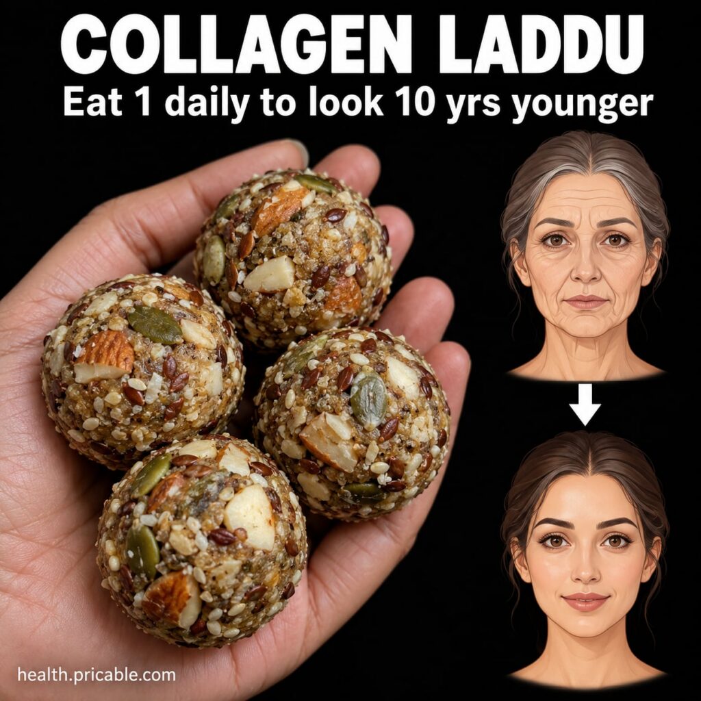 A plate of golden-brown Collagen Laddus garnished with chopped nuts on a rustic wooden table Soft natural lighting highl