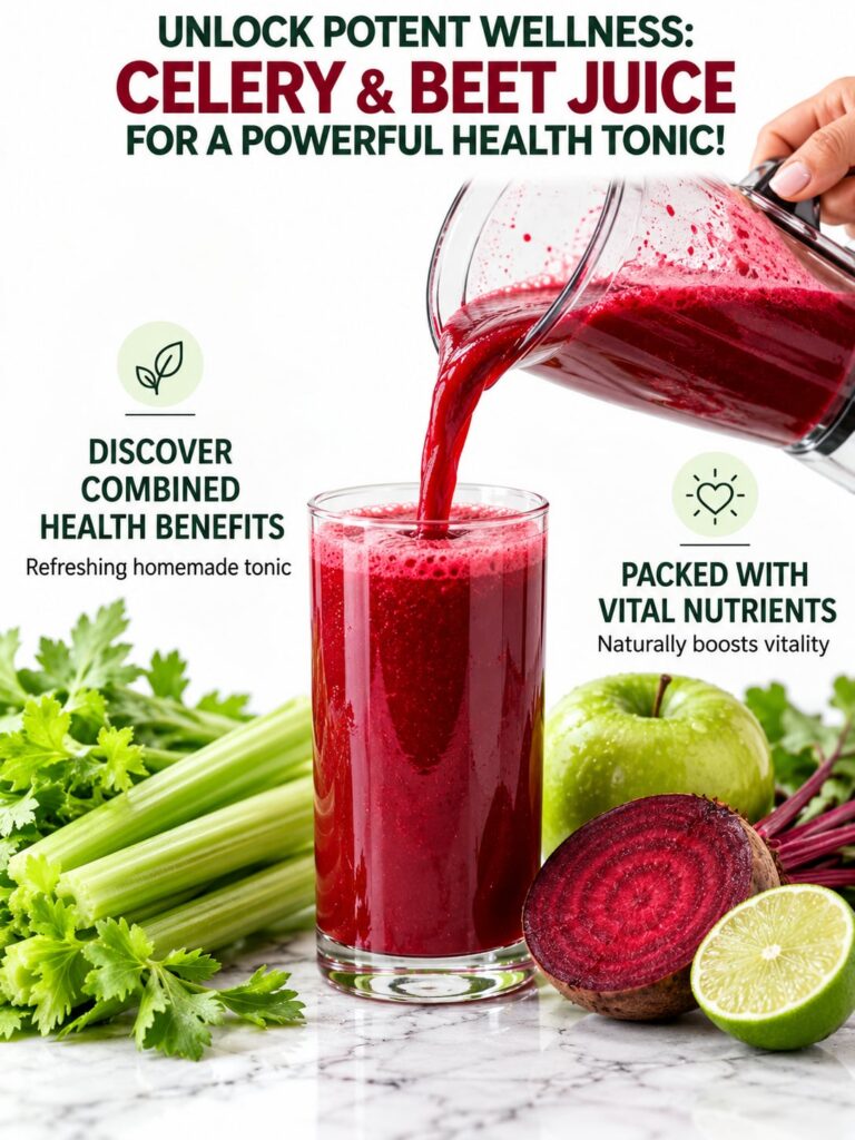 A vibrant glass of celery and beet juice garnished with a celery stalk and a beet slice with fresh celery and beets in t
