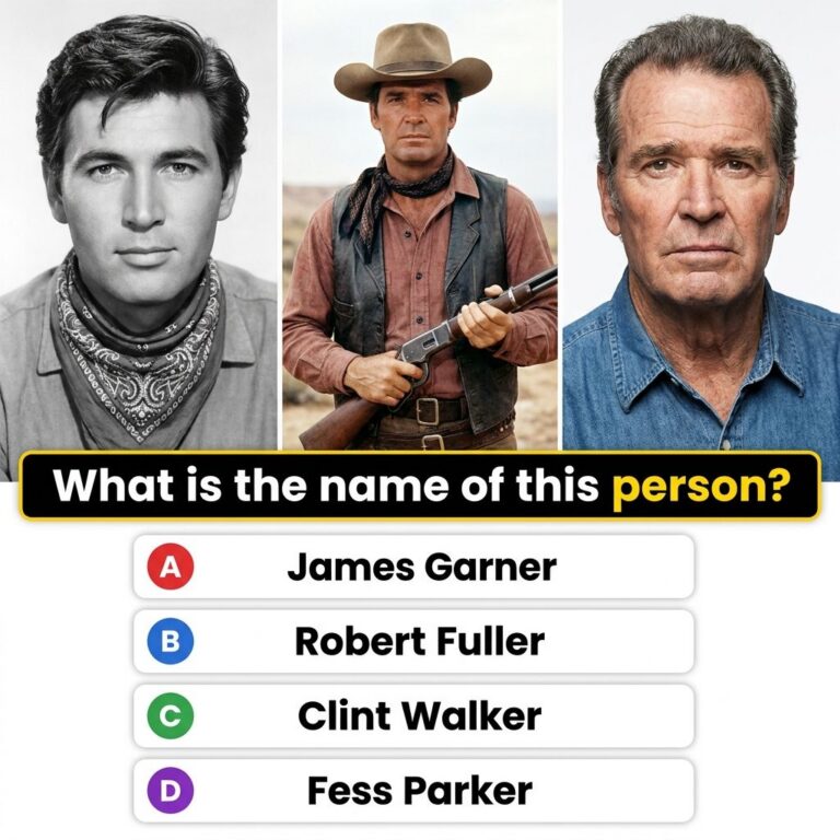 A vertical 9 16 quiz card featuring multiple portrait shots of a classic Hollywood actor at different ages framed in war