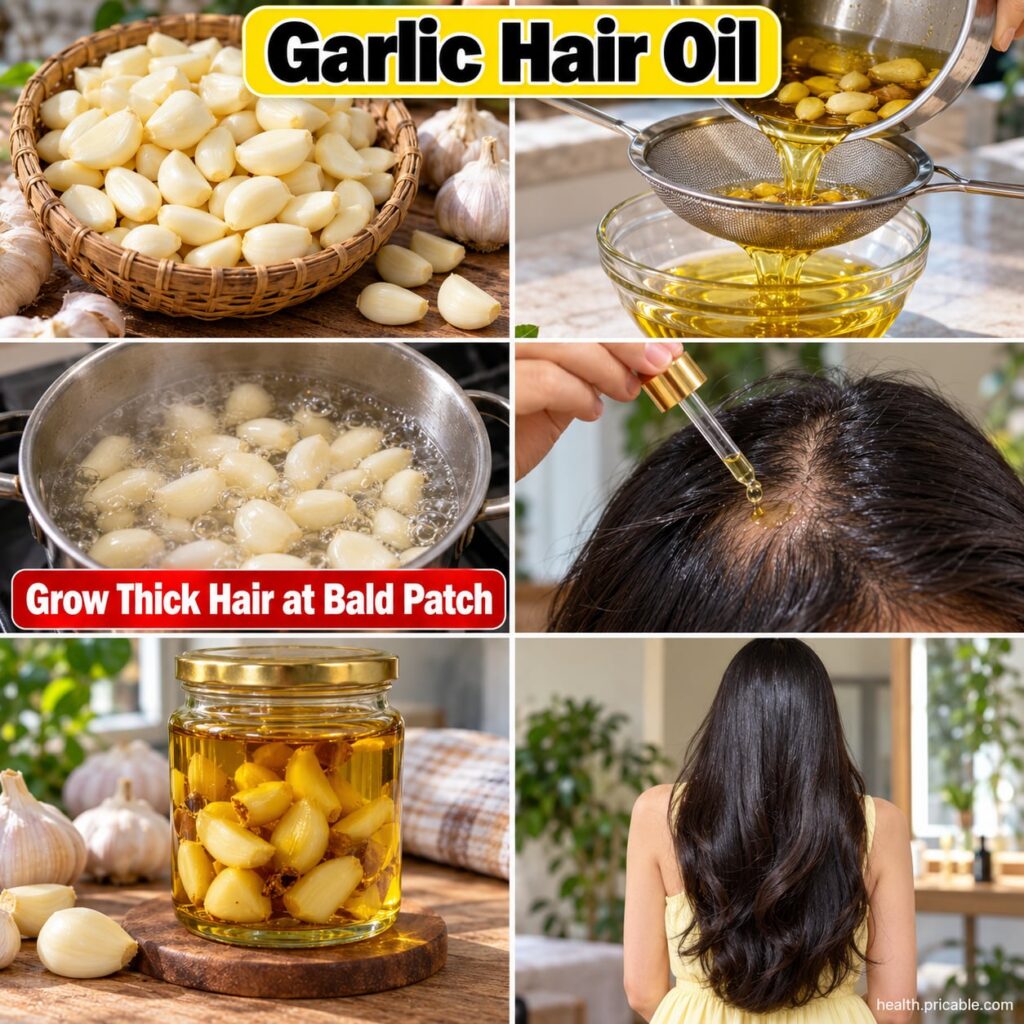 Fresh garlic cloves and a bottle of carrier oil like olive or coconut oil on a wooden surface with a small bowl of mince
