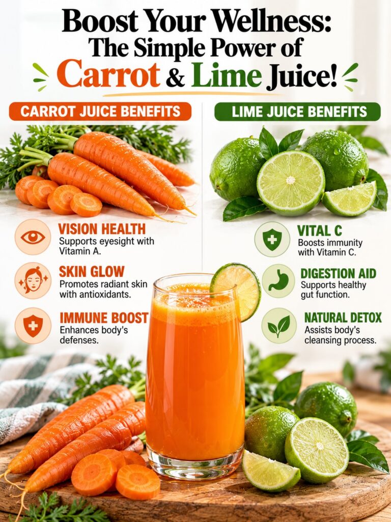A refreshing glass of vibrant orange carrot and lime juice garnished with a lime slice and whole carrots beside it on a 