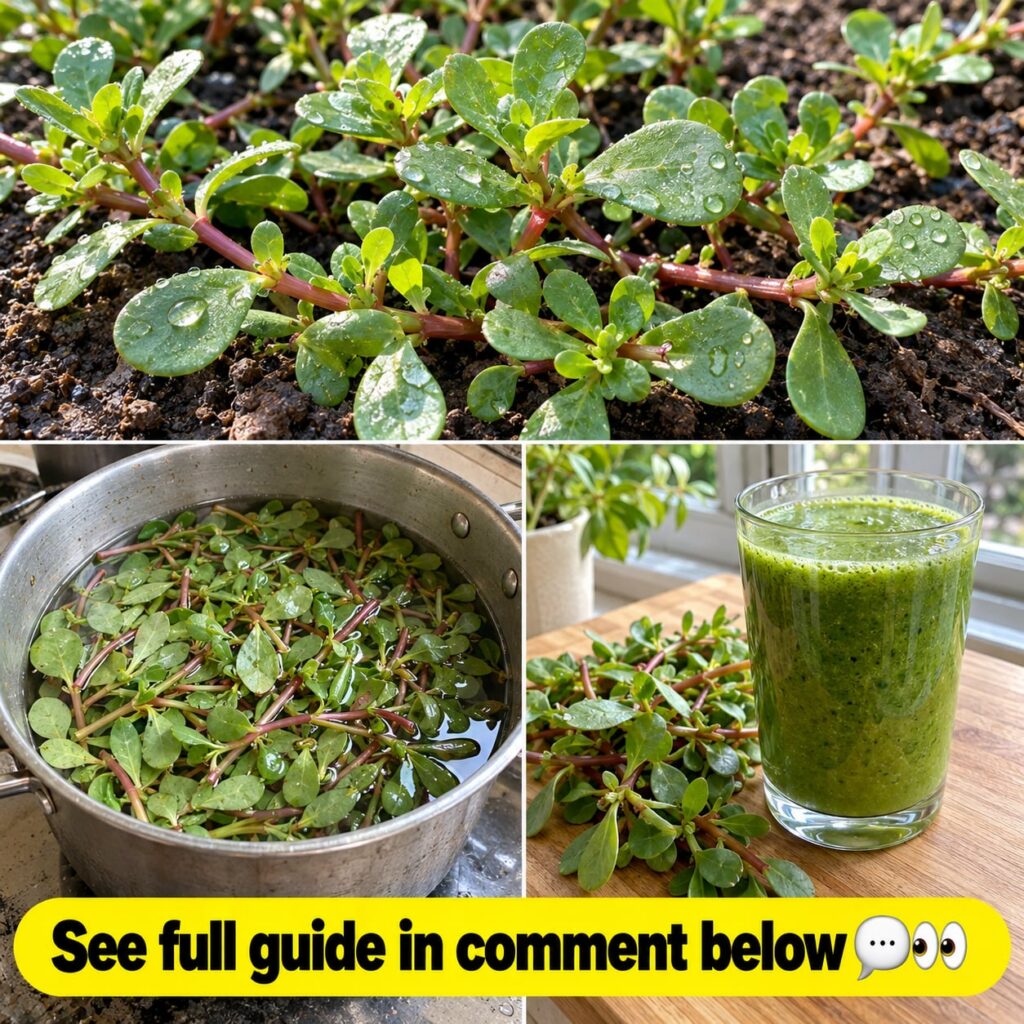 A close-up shot of fresh vibrant green common purslane leaves and stems with some dew drops in a natural garden setting