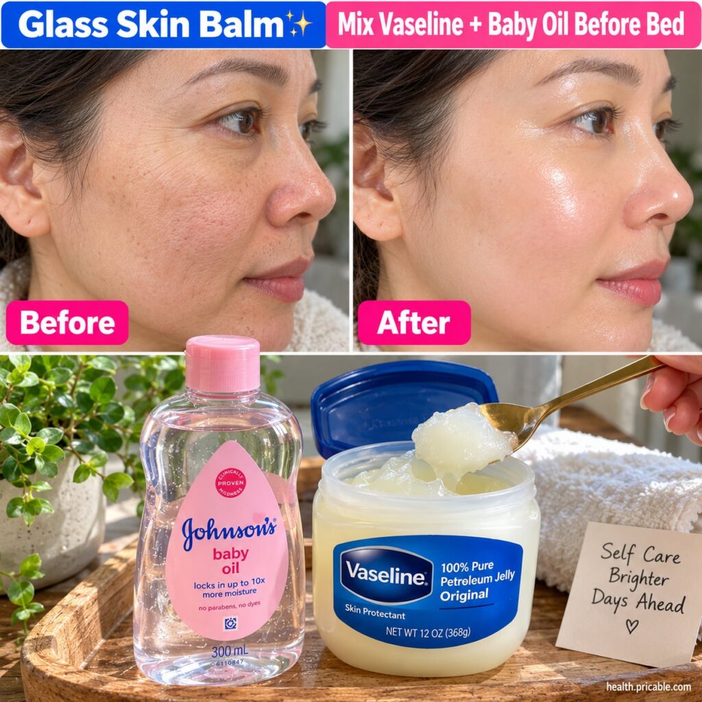 A small glass jar of Vaseline and a bottle of Johnson s Baby Oil on a clean light surface suggesting simple beauty ingre