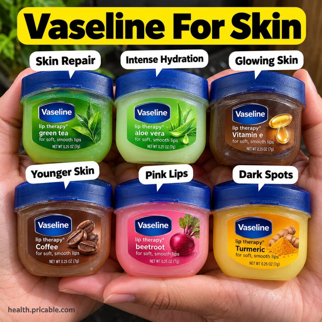 A collection of colorful jars of Vaseline or petroleum jelly on a clean bright surface suggesting diverse uses and benef