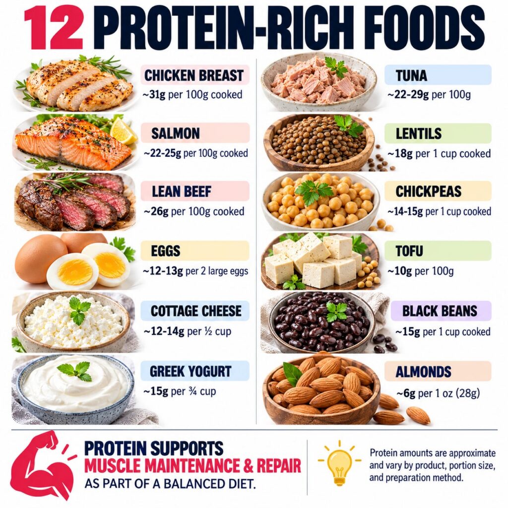 A vibrant and varied spread of the 12 protein-rich foods mentioned chicken breast salmon lean beef eggs cottage cheese G