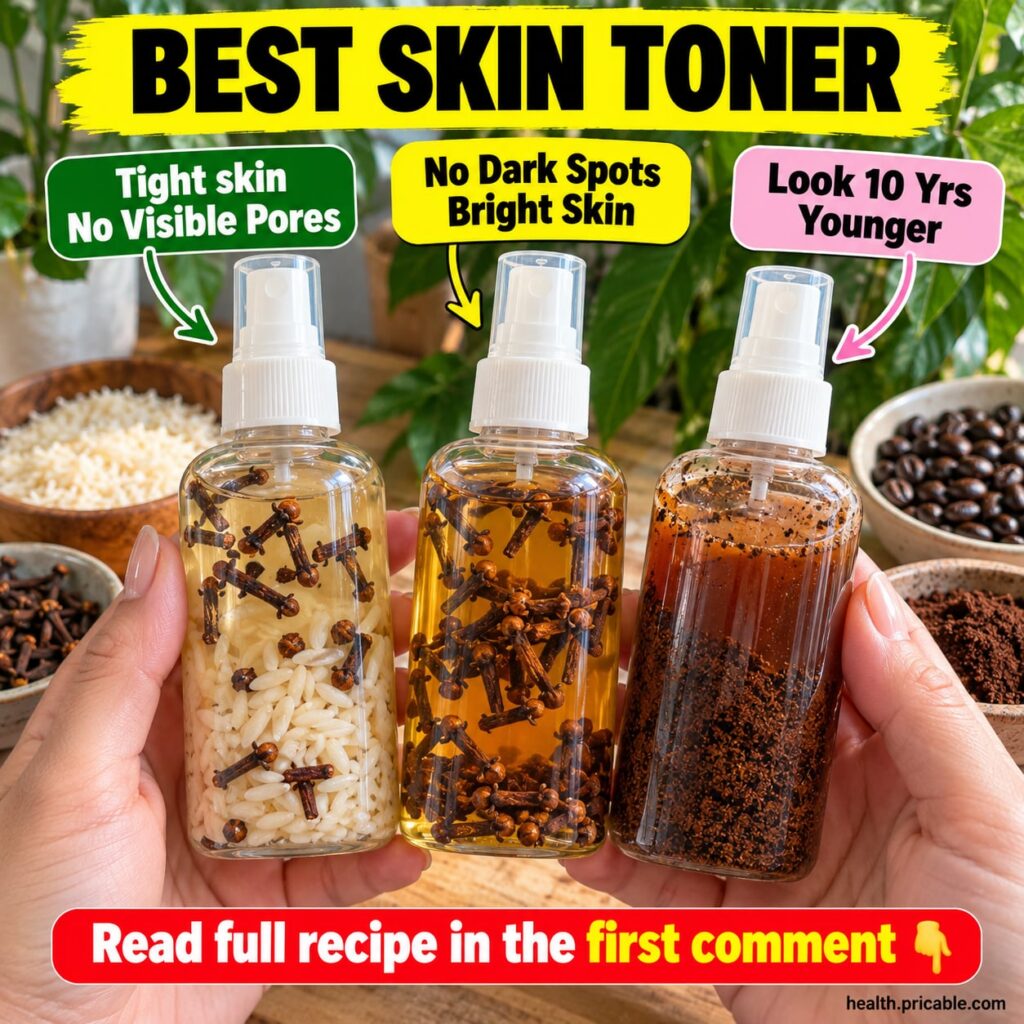Three small bowls containing cloves rice and coffee beans with small bottles of homemade toner next to them on a rustic