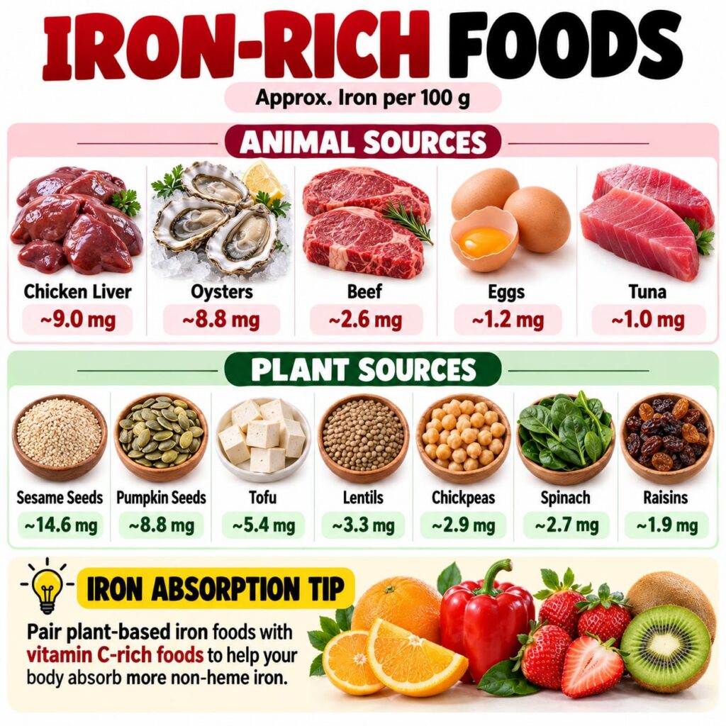 A split image showing examples of heme iron sources e g beef oysters on one side and non-heme iron sources e g spinach l