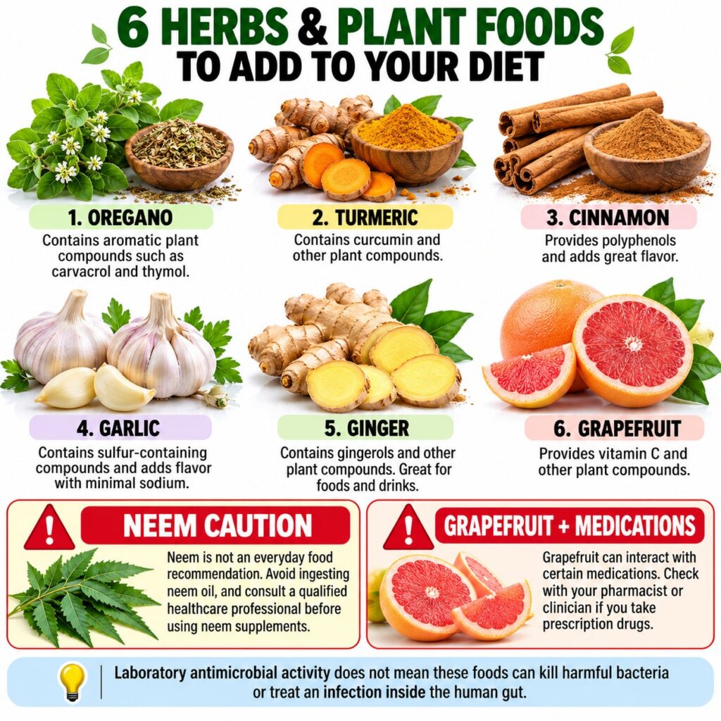 A vibrant flat lay of various fresh herbs and plant foods including oregano turmeric powder cinnamon sticks garlic clove