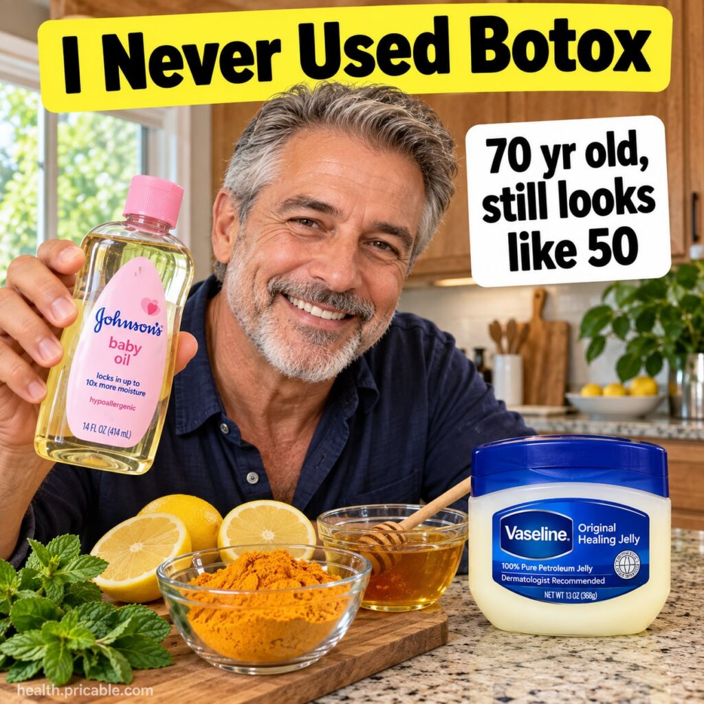 A 70-year-old woman smiling with youthful smooth skin alongside small bowls of Vaseline baby oil and honey on a kitchen 