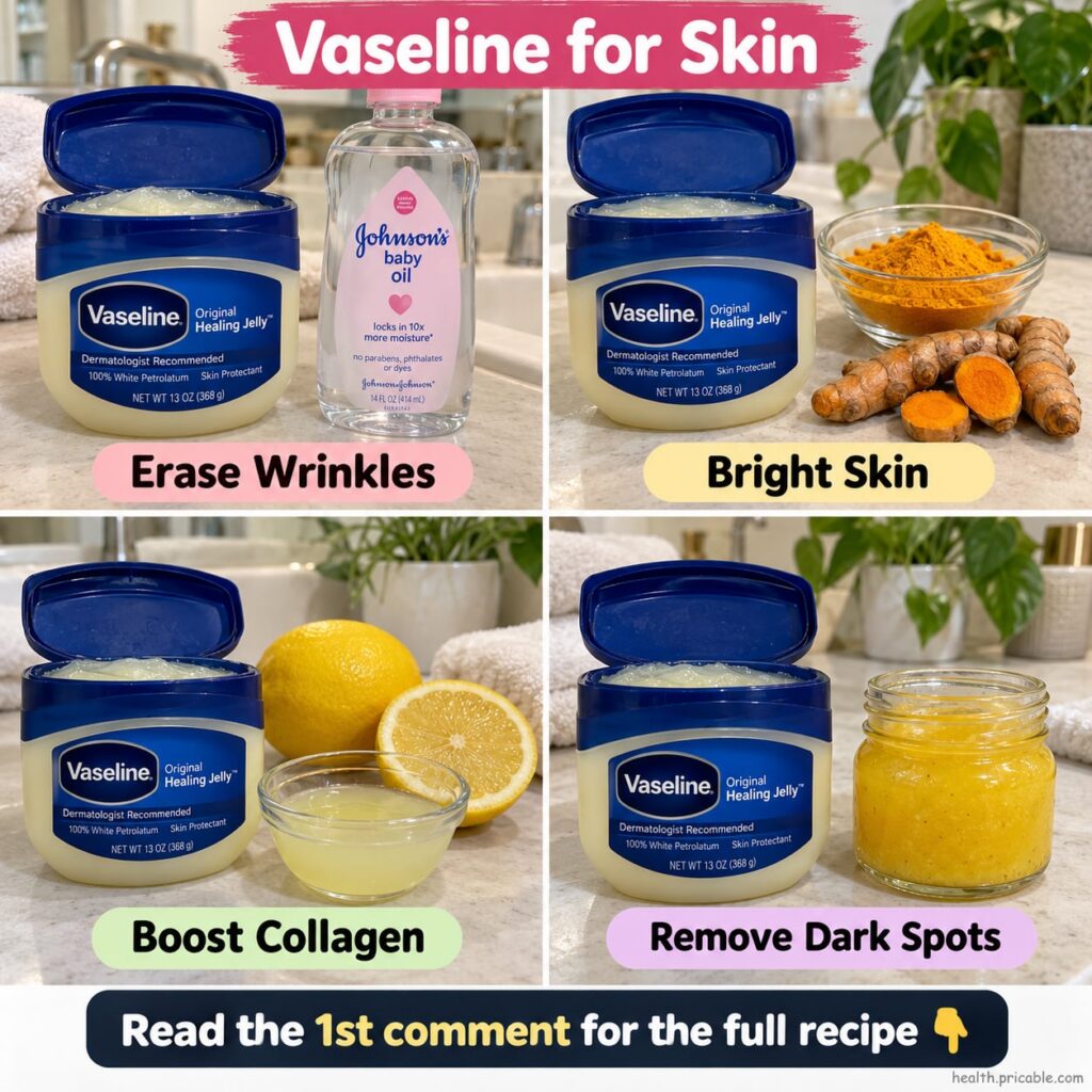 Four small bowls or containers each holding a different Vaseline mix with natural ingredients like honey aloe vera vitam