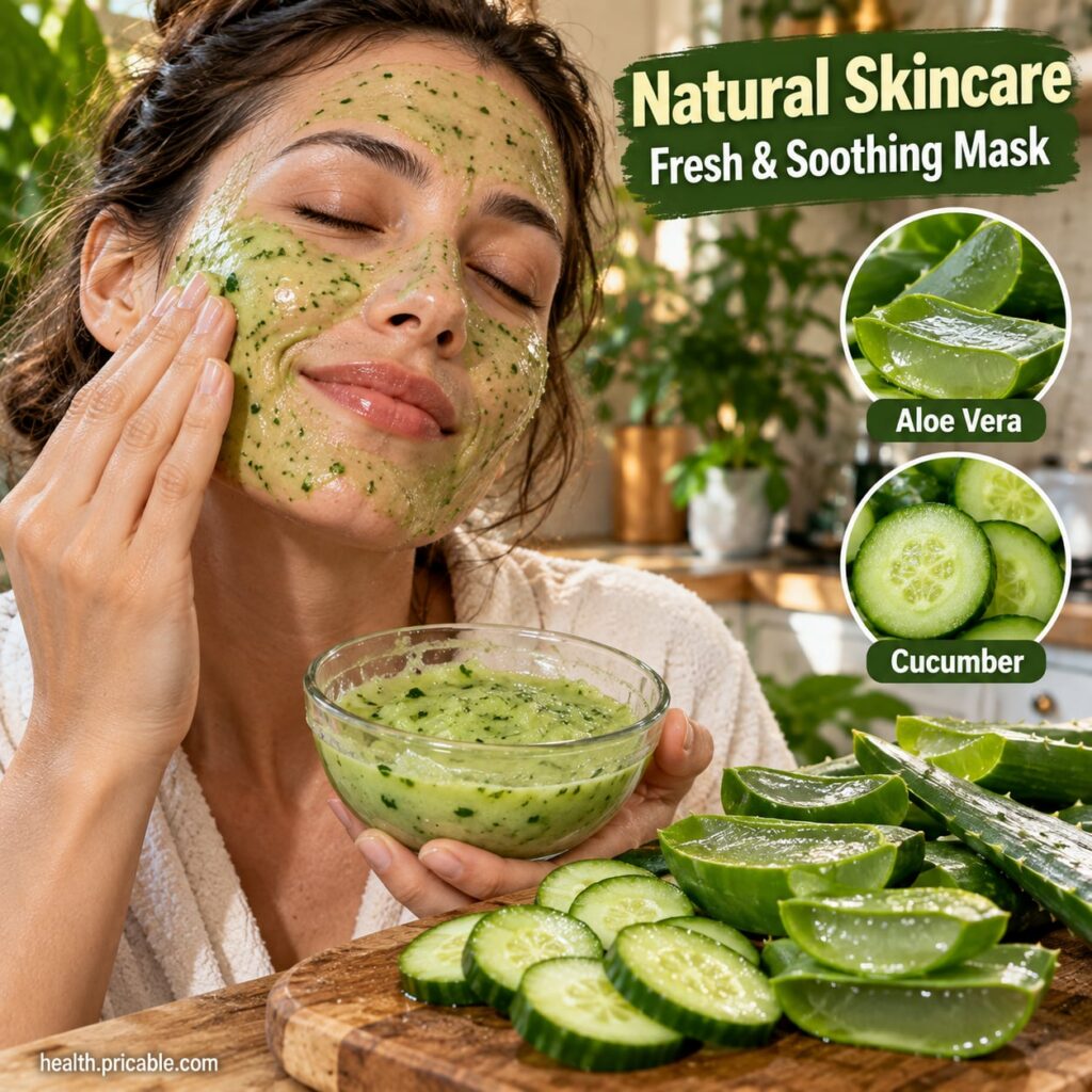 A refreshing green face mask in a bowl with slices of fresh cucumber and aloe vera leaves nearby