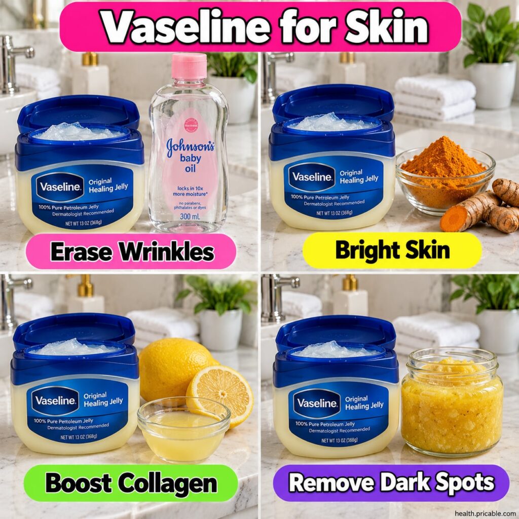 A close-up of a small glass jar filled with Vaseline surrounded by other natural ingredients like vitamin E capsules a h
