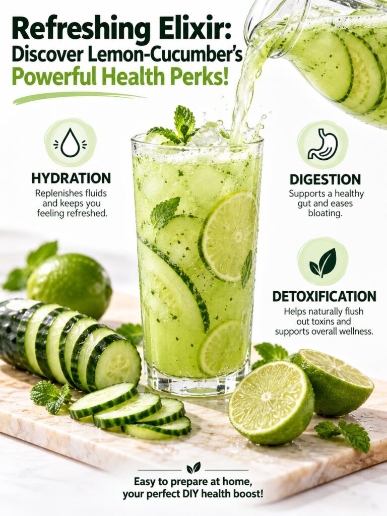 A glass of lemon-cucumber detox drink with sliced lemons and cucumbers and fresh mint leaves on a light background