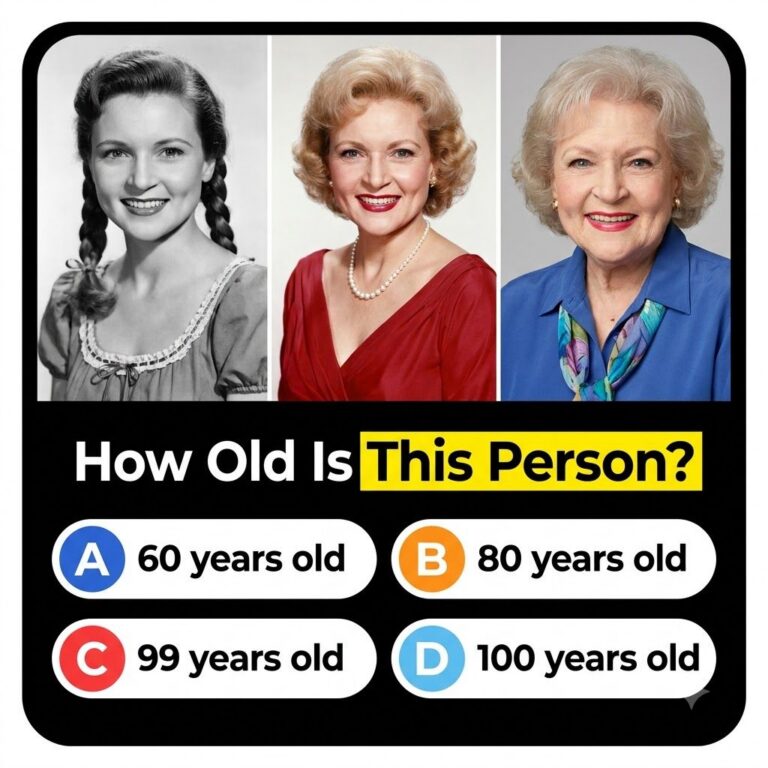 A quiz card featuring Betty White at different ages from young to elderly with the question How Old Is This Person