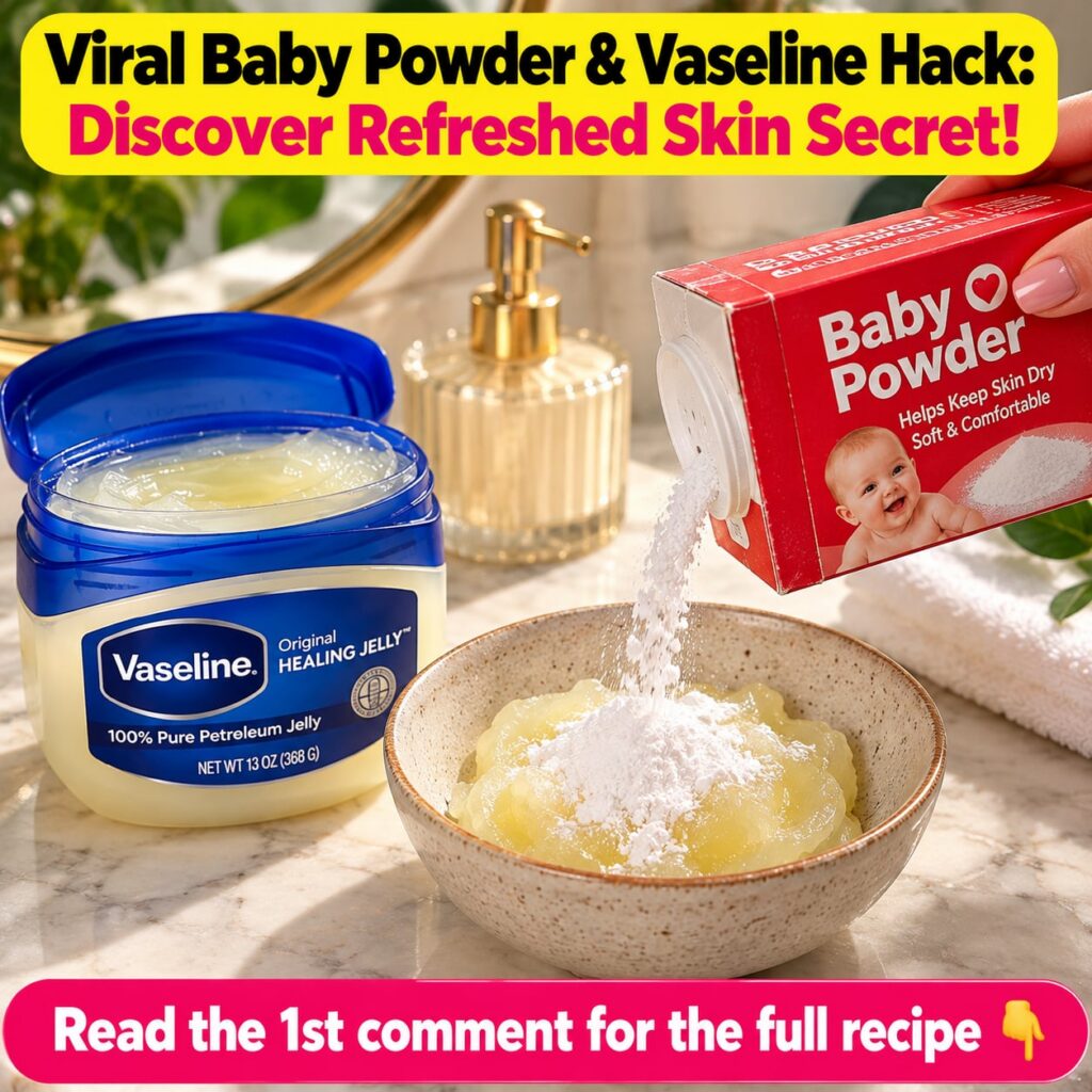 A woman gently applying a mixture of baby powder and Vaseline to her clean refreshed face looking into a mirror with glo