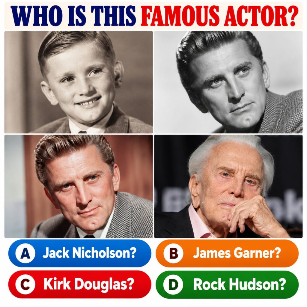 A collage of four portraits of Kirk Douglas at different ages from his youth to his later years forming a quiz