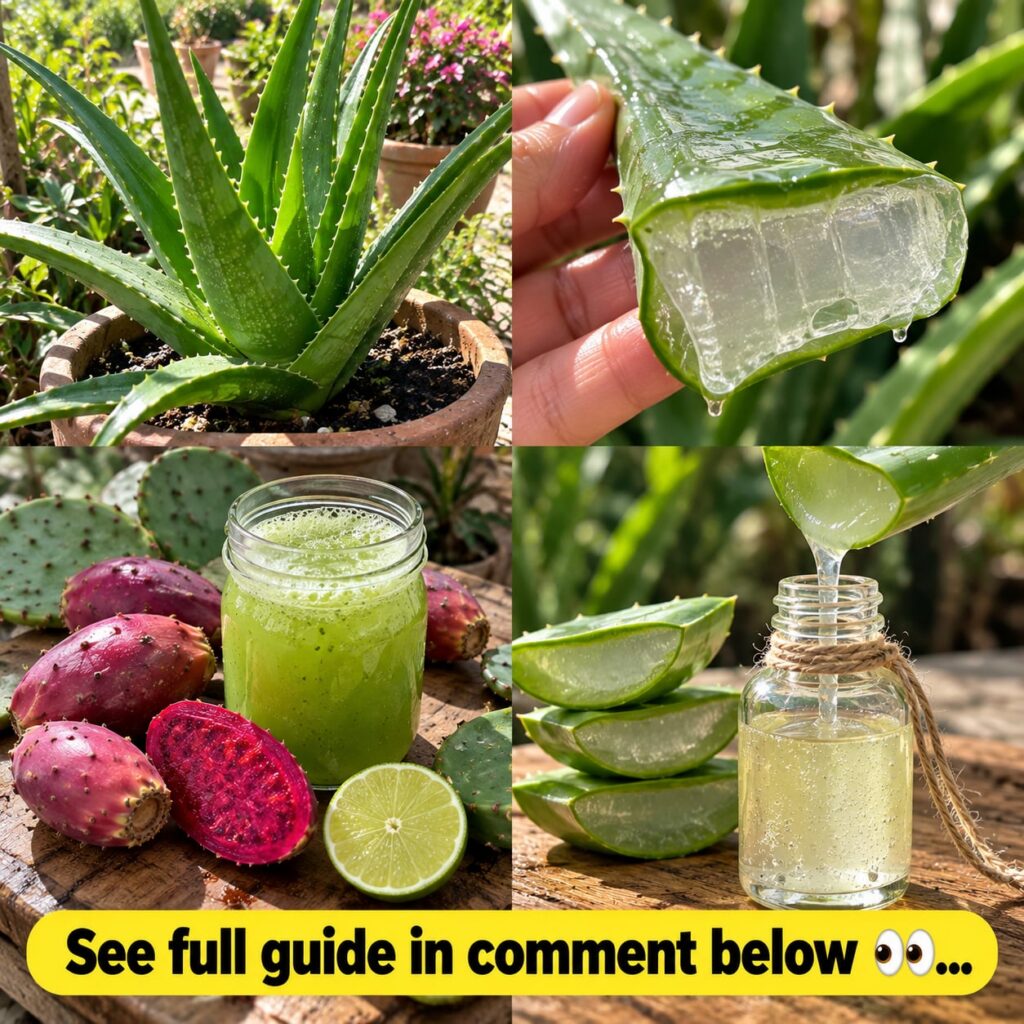 Ingredients for an Aloe Vera and Prickly Pear soothing gel showing a fresh aloe vera leaf and a prickly pear pad on a ru