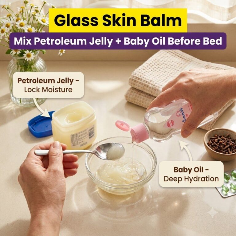 Hands mixing petroleum jelly and baby oil in a clear glass bowl on a light-colored countertop A jar of Vaseline and a bo