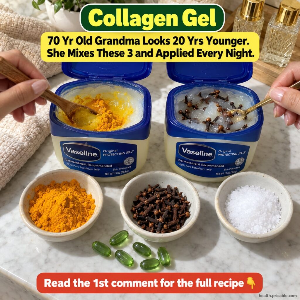 Ingredients for homemade collagen gel Vaseline turmeric powder and clove powder on a rustic wooden surface