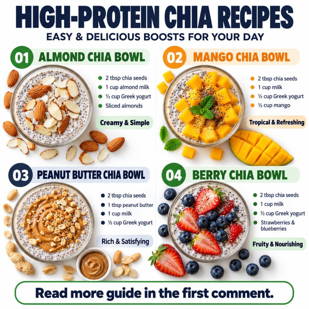 An infographic showing four high-protein chia bowl recipes Almond Mango Peanut Butter and Berry Each bowl is presented w