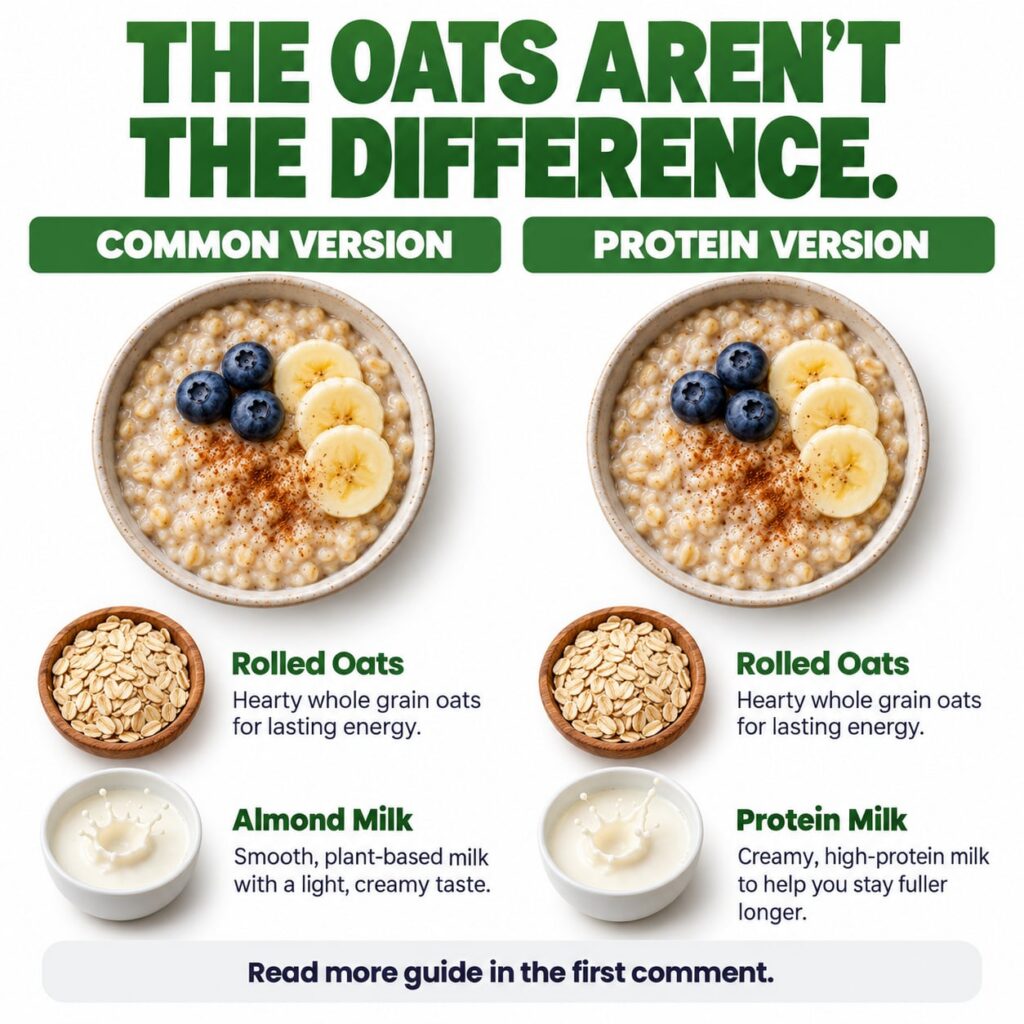 An infographic comparing two bowls of oatmeal one made with almond milk and one with protein milk The image highlights t