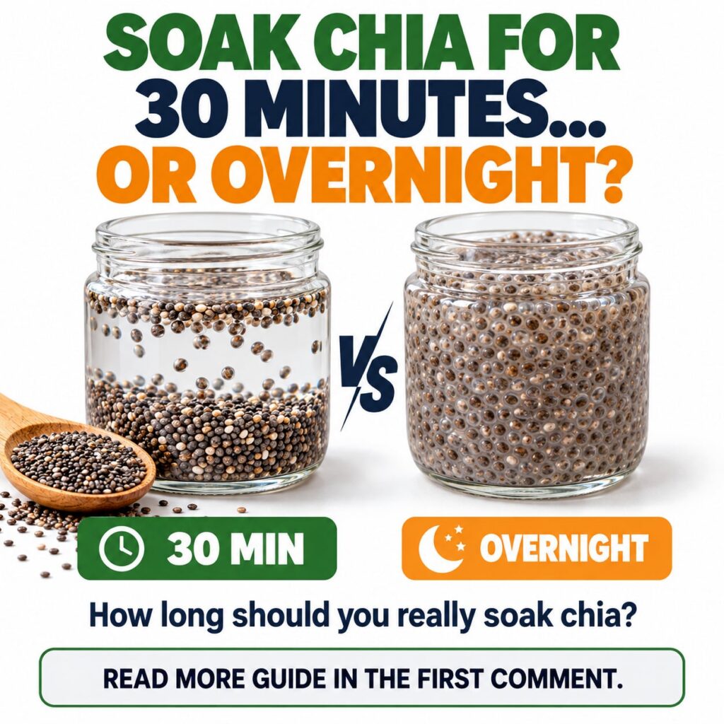 Two glass jars side-by-side on a white background comparing chia seeds soaked for 30 minutes versus overnight The left j