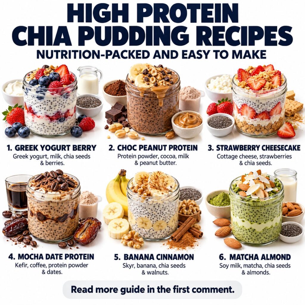 Six different high protein chia pudding recipes in glass jars artfully arranged on a clean white background Each pudding