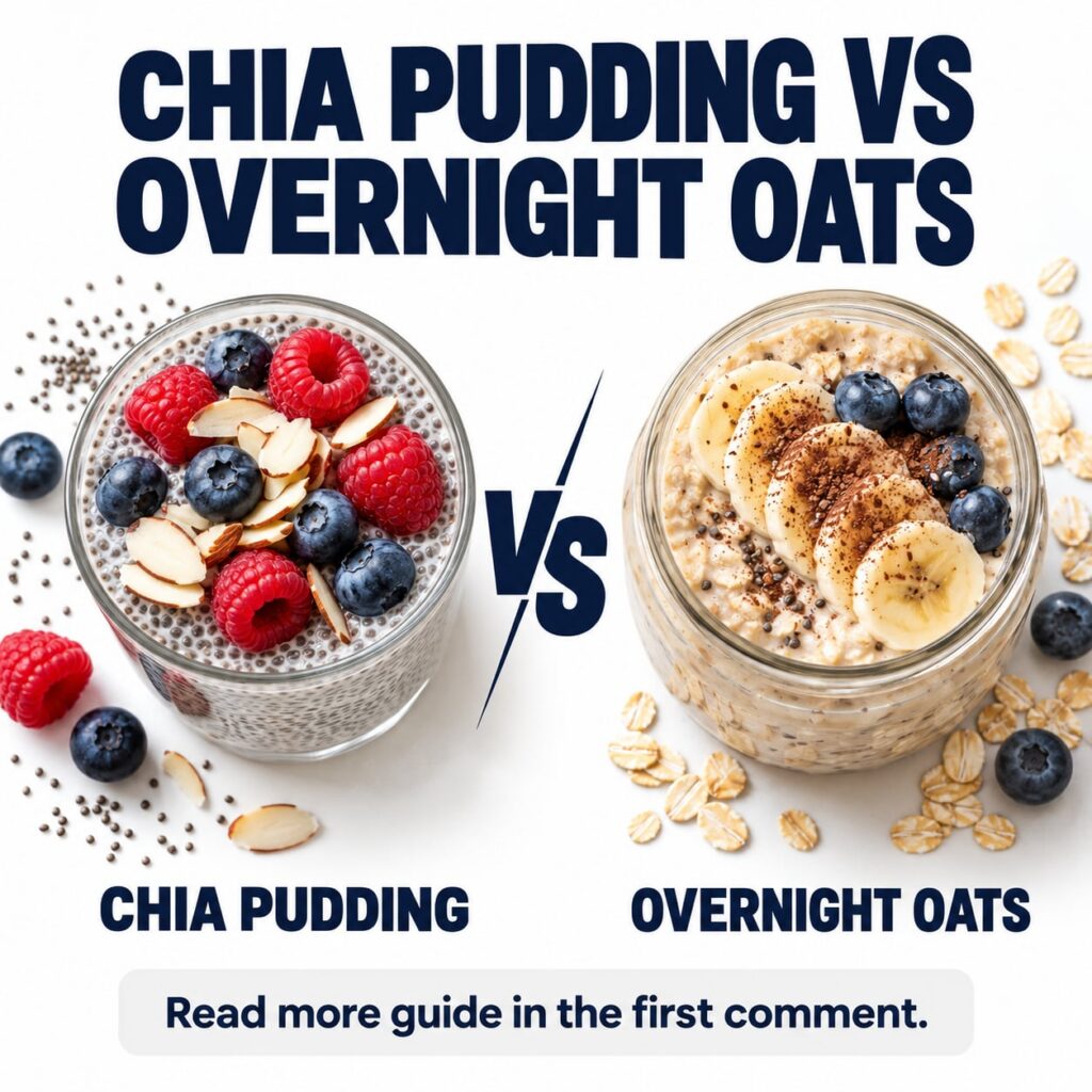 Two glass jars one with chia pudding topped with raspberries blueberries and almonds and the other with overnight oats t