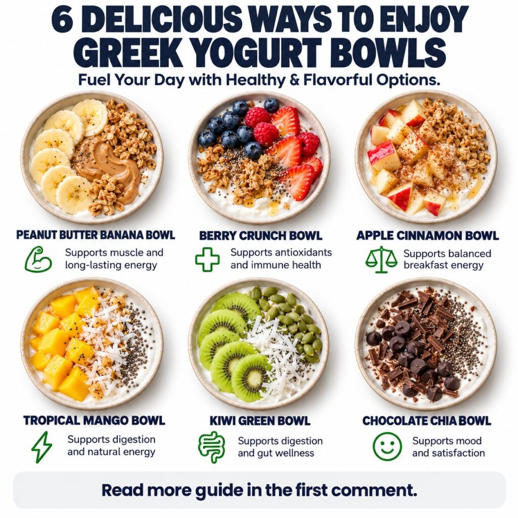 Six distinct Greek yogurt bowls arranged in a 3x2 grid each with vibrant toppings like berries bananas mango kiwi granol