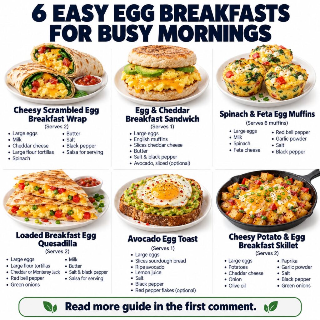 A vibrant grid-style infographic showcasing 6 EASY EGG BREAKFASTS FOR BUSY MORNINGS with appetizing photos of each dish 