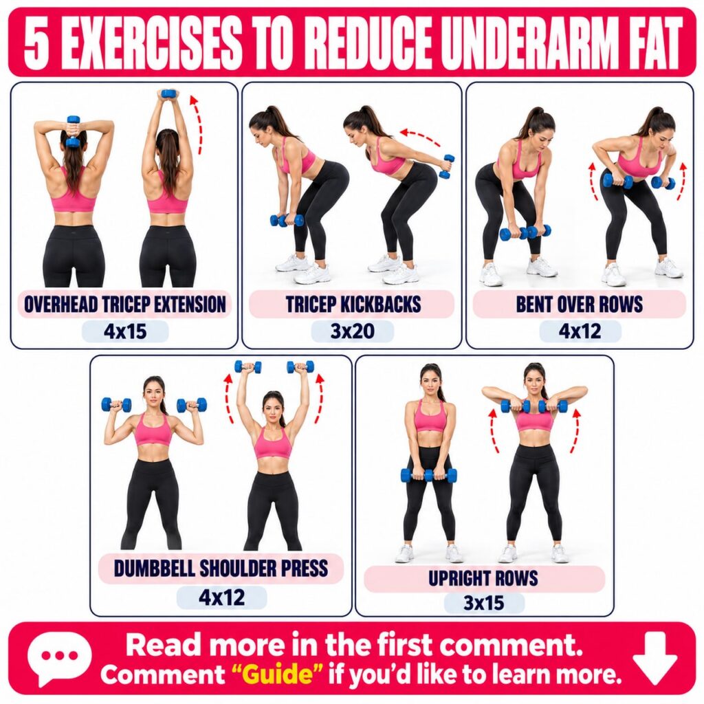 A female fitness model demonstrating five distinct dumbbell exercises Overhead Tricep Extension Tricep Kickbacks Bent Ov