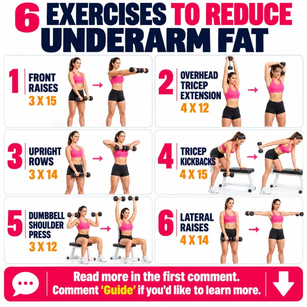 A fitness infographic showing six different dumbbell exercises for the upper body demonstrated by a female model in a gr