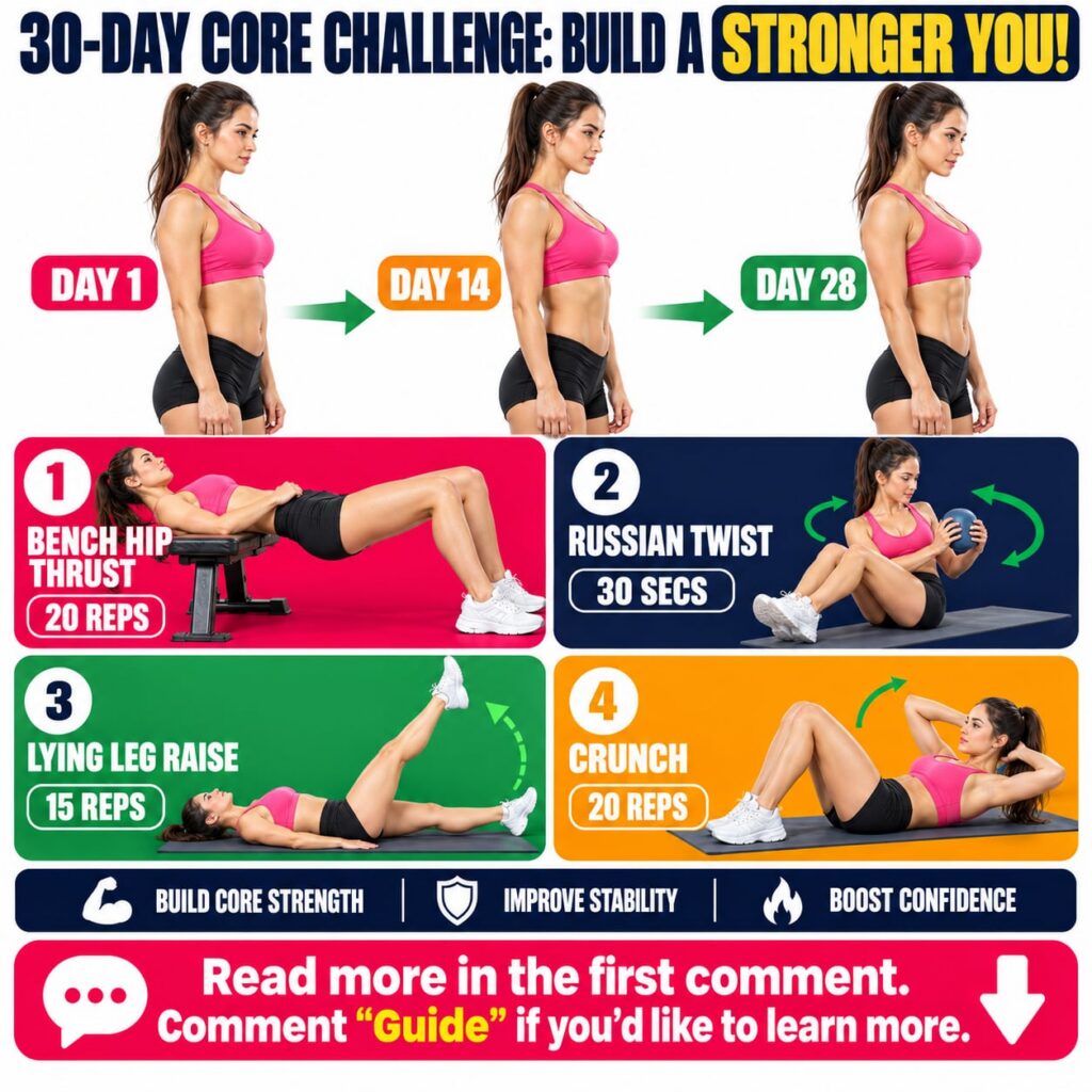 Infographic for a 30-day core challenge showing a female model demonstrating progress and four core exercises