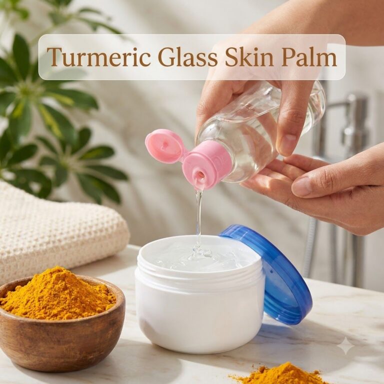 Hands pouring a clear liquid into a white jar with a small wooden bowl of turmeric powder next to it on a light marble s