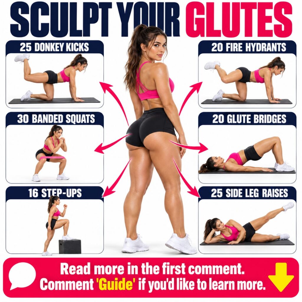 A fitness infographic showing a fit woman and six glute exercises Donkey Kicks Fire Hydrants Banded Squats Glute Bridges