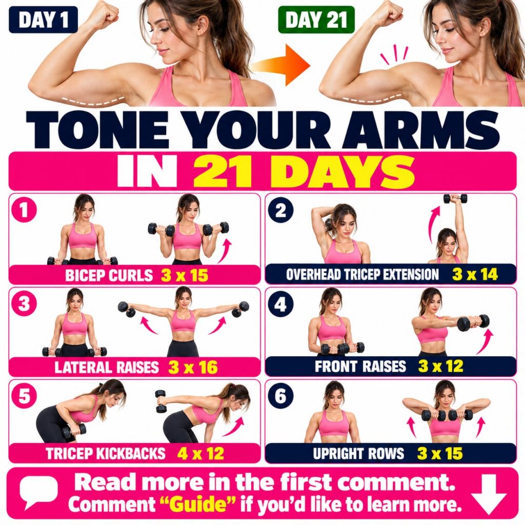 An infographic showing a 21-day arm challenge with before-and-after arm comparisons and illustrations of six different a