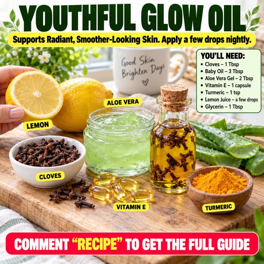 A vibrant flat lay of natural ingredients for skincare including halved fresh lemons a white bowl of dried cloves a clea
