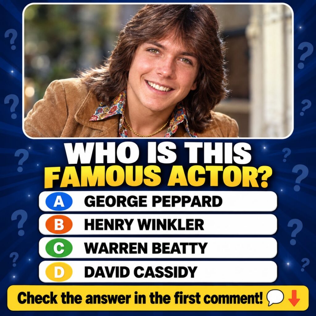 A retro-themed digital quiz graphic with a headshot of a young David Cassidy from the 1970s smiling with long feathered 