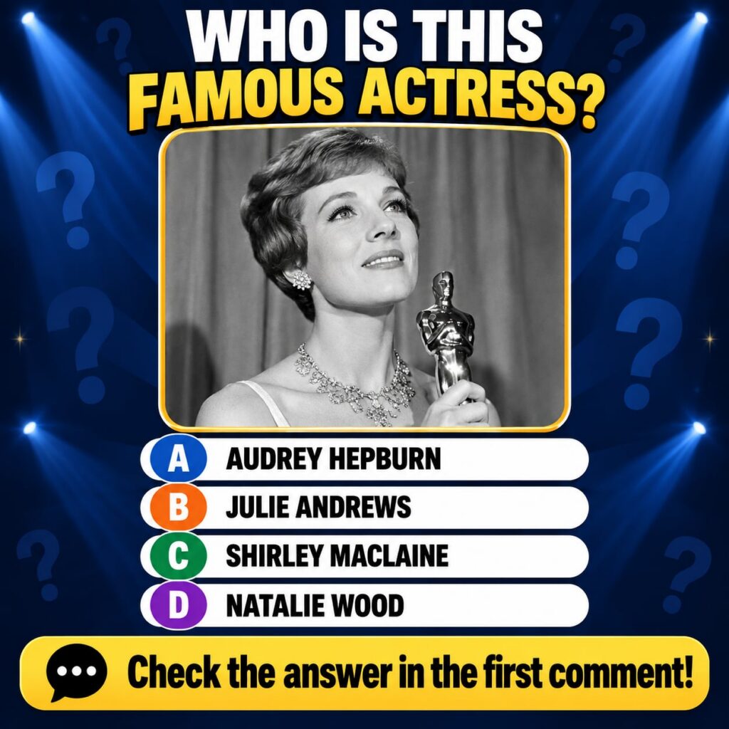 A brightly colored quiz graphic with a black and white photo of Julie Andrews holding an Oscar framed in gold The questi