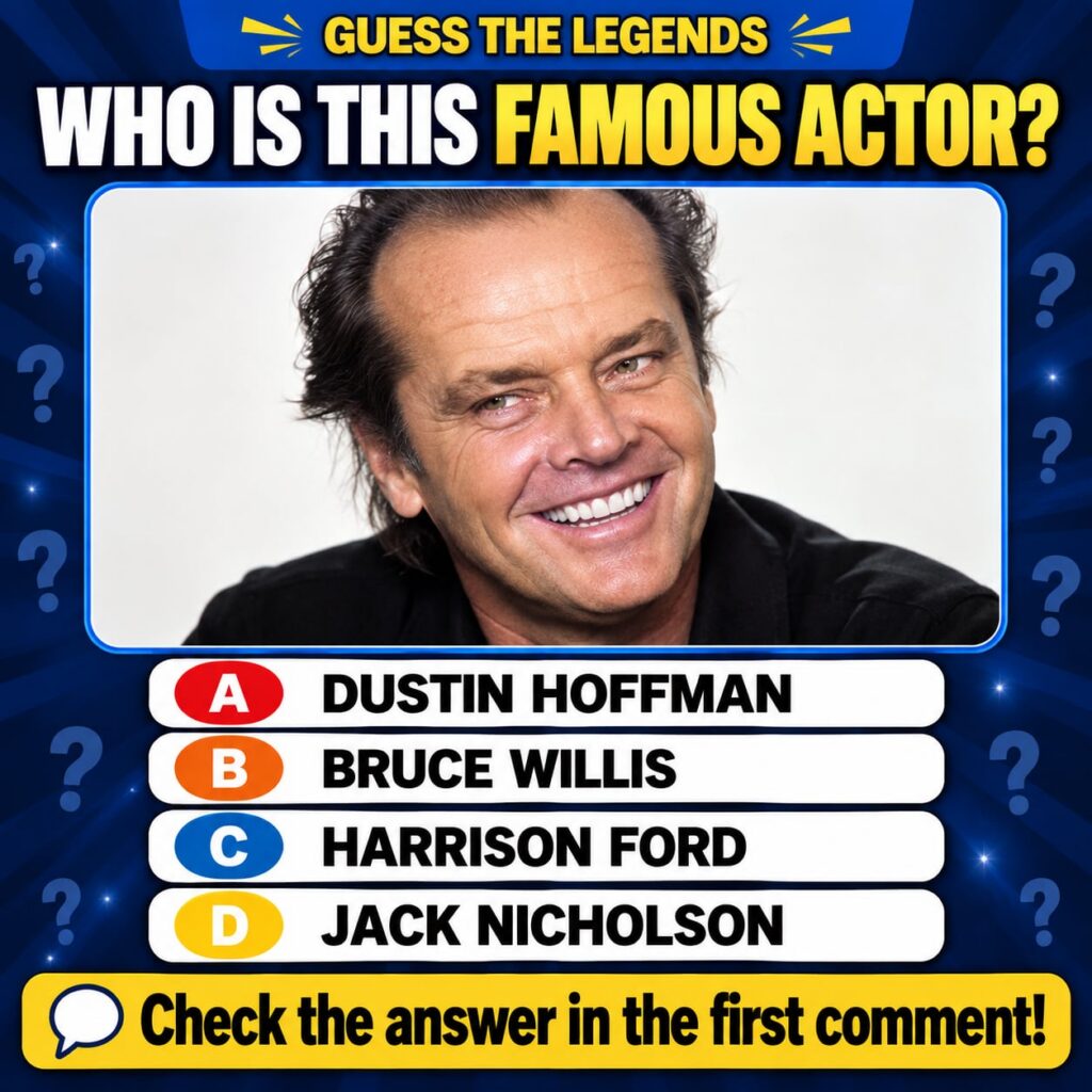 A quiz image asking WHO IS THIS FAMOUS ACTOR with a smiling portrait of Jack Nicholson and multiple choice options