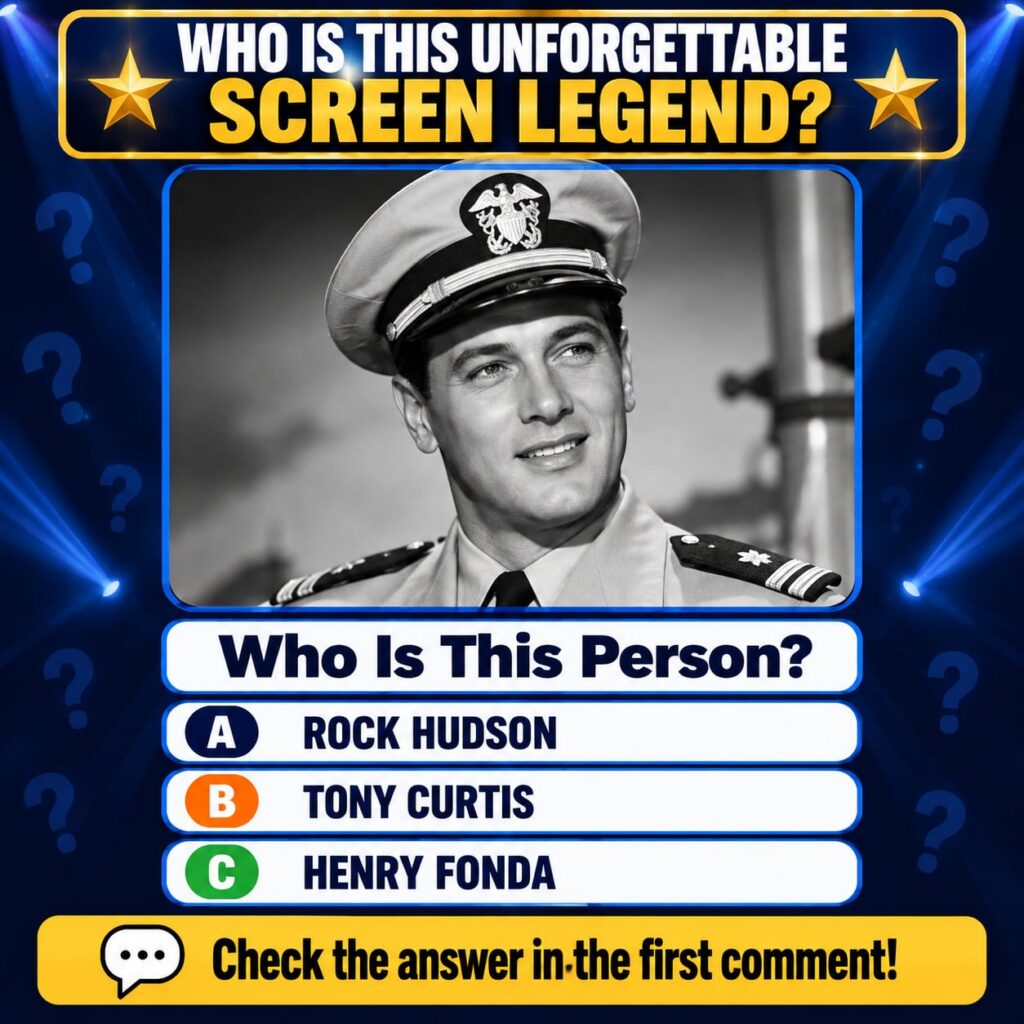 A black and white portrait of Henry Fonda in a U S Navy officer s uniform set against a vibrant dark blue quiz backgroun