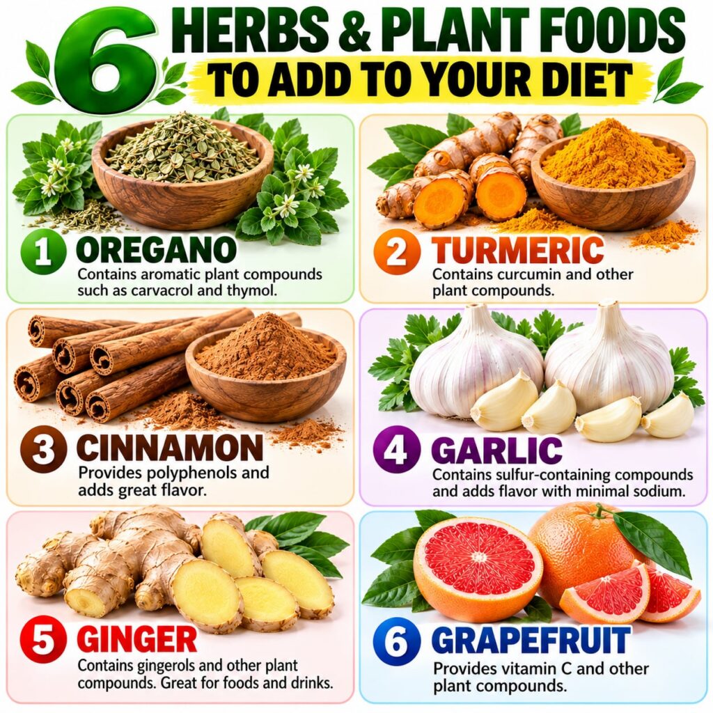 A vibrant array of various herbs and spices in small bowls including oregano turmeric cinnamon sticks garlic cloves ging