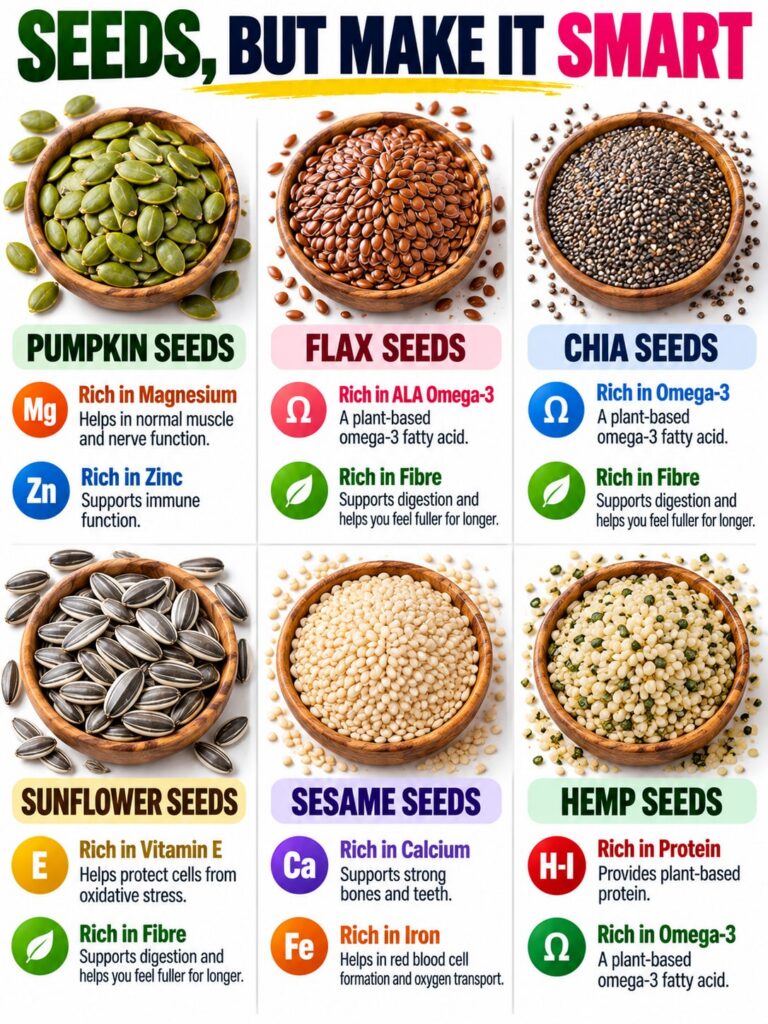 A vibrant and organized display of six different types of seeds pumpkin flax chia sunflower sesame and hemp seeds each i