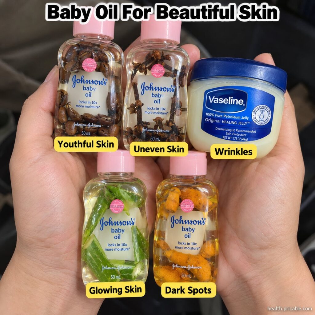 Ingredients for baby oil infusion a bottle of baby oil a small bowl of turmeric powder and a small bottle of vitamin E o