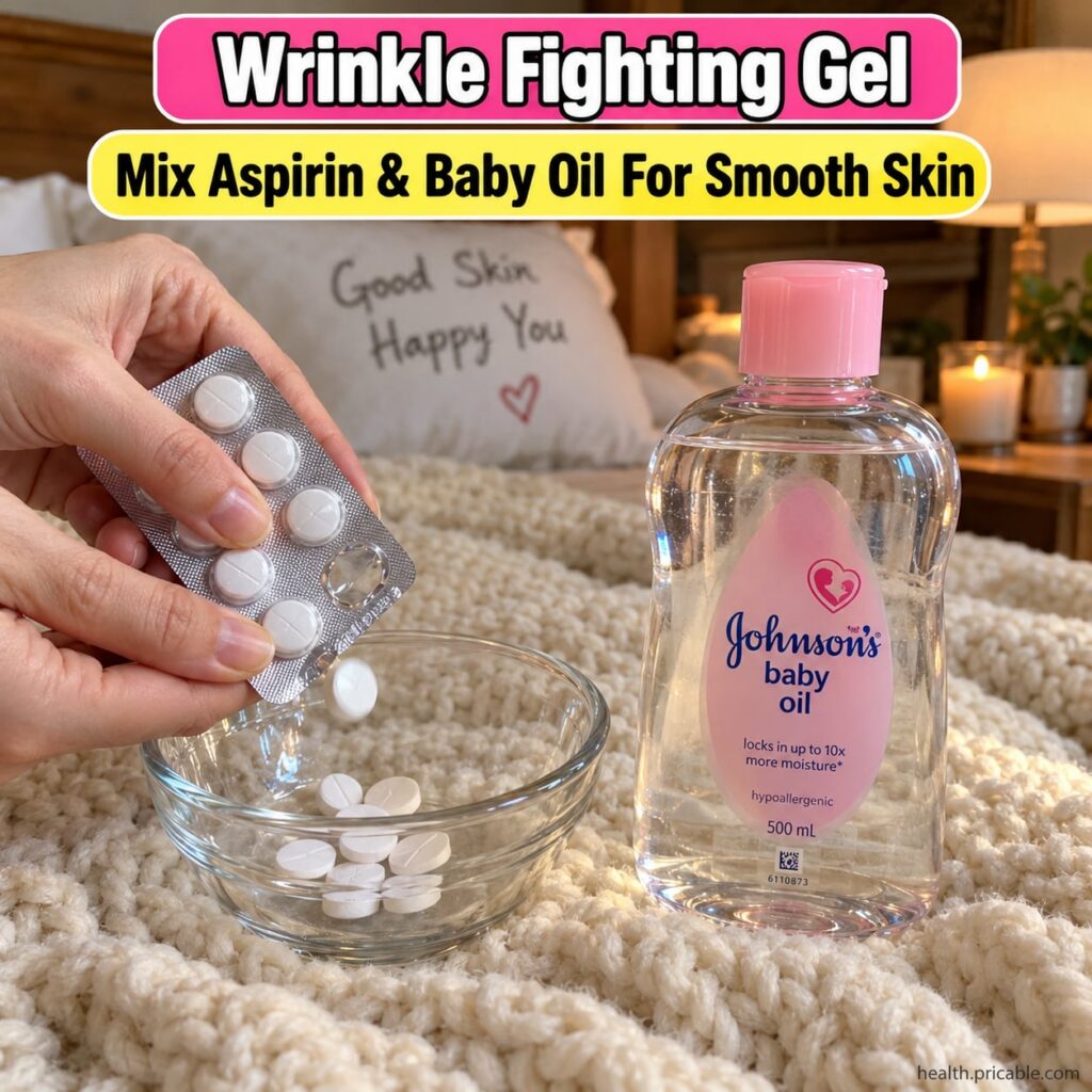 A still life image showing aspirin tablets a small bottle of baby oil and a mixing bowl on a clean surface hinting at a 