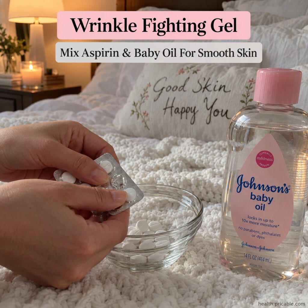 A close-up of aspirin tablets and a bottle of baby oil on a clean light surface ready for a DIY beauty recipe